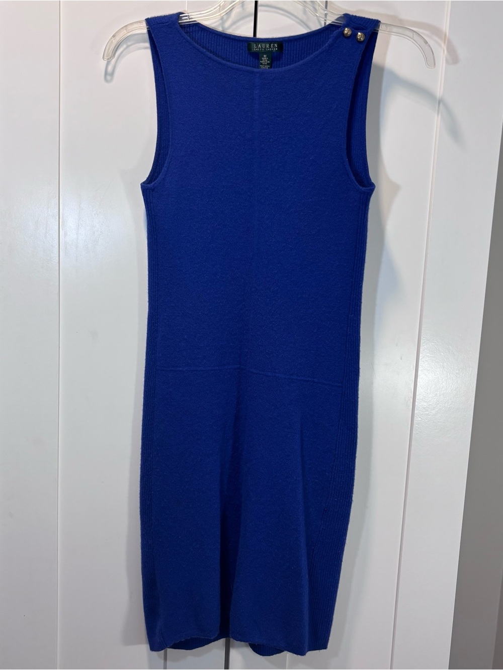 Lauren Ralph Lauren Merino Wool Sweater Dress Blue Gold Button Sleeveless Midi M